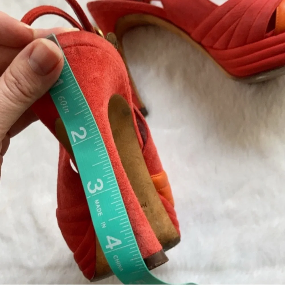 YSL Logo Palais 105 Orange and Coral Slingback Platform Heels, size 37.5 - Picture 8 of 11